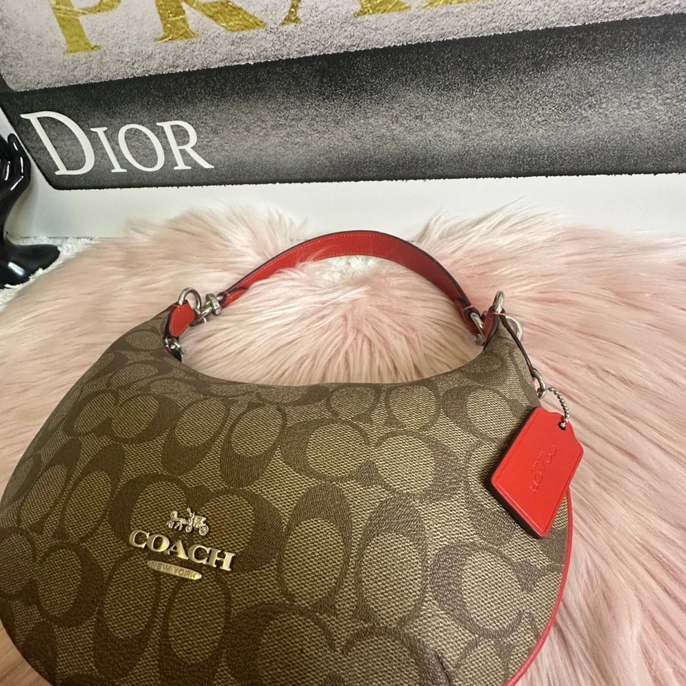 COACH PVC Signature/Leather Payton Shoulder Bag Khaki/Electric Red